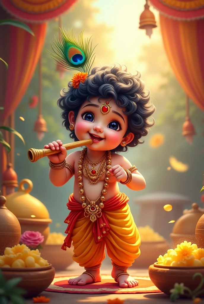 "Create a vibrant and joyful image to celebrate Gokulashtami. The scene features Baby Krishna in a playful pose, holding a flute and surrounded by pots of butter. Traditional decorations like flowers and colorful fabric adorn the background. Krishna is depicted with a gentle smile, wearing a peacock feather crown and traditional jewelry. At the top of the image, include the text "'गोकुलाष्टमी निमित्त सर्वाना मंगलमय शुभेच्छा"' in elegant, bold Devanagari script. The overall vibe should be festive and filled with warmth, conveying blessings and joy to everyone. Text on image should be as commanded.