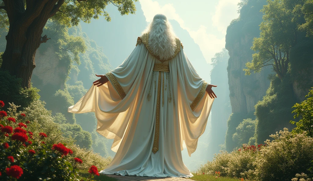 hyperrealistic, 16k, 32k, UHD, masterpiece, best quality, upper body, God, who is super vast and gigantic, wearing white and shimmery gold robe, long white hair, white beard. God is super Gigantic God looking downward, beautiful enchanting garden of Eden, God is super vast and gigantic, a super massively gigantic God, looking in down. cinematic.