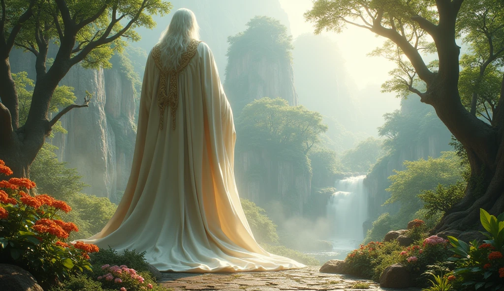 hyperrealistic, 16k, 32k, UHD, masterpiece, best quality, upper body, God, who is super vast and gigantic, wearing white and shimmery gold robe, long white hair, white beard. God is super Gigantic God looking downward, beautiful enchanting garden of Eden, God is super vast and gigantic, a super massively gigantic God, looking in down. cinematic.