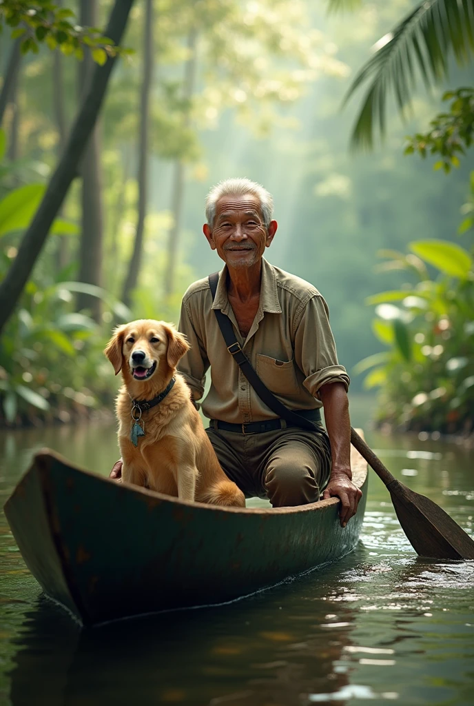 Photorealism 1.2 old Malay male smile wearing tear shirt trousers sling bag  paddling dugout canoe with dog inside background swamp forest morning mode smoke effect sunlight silhouette