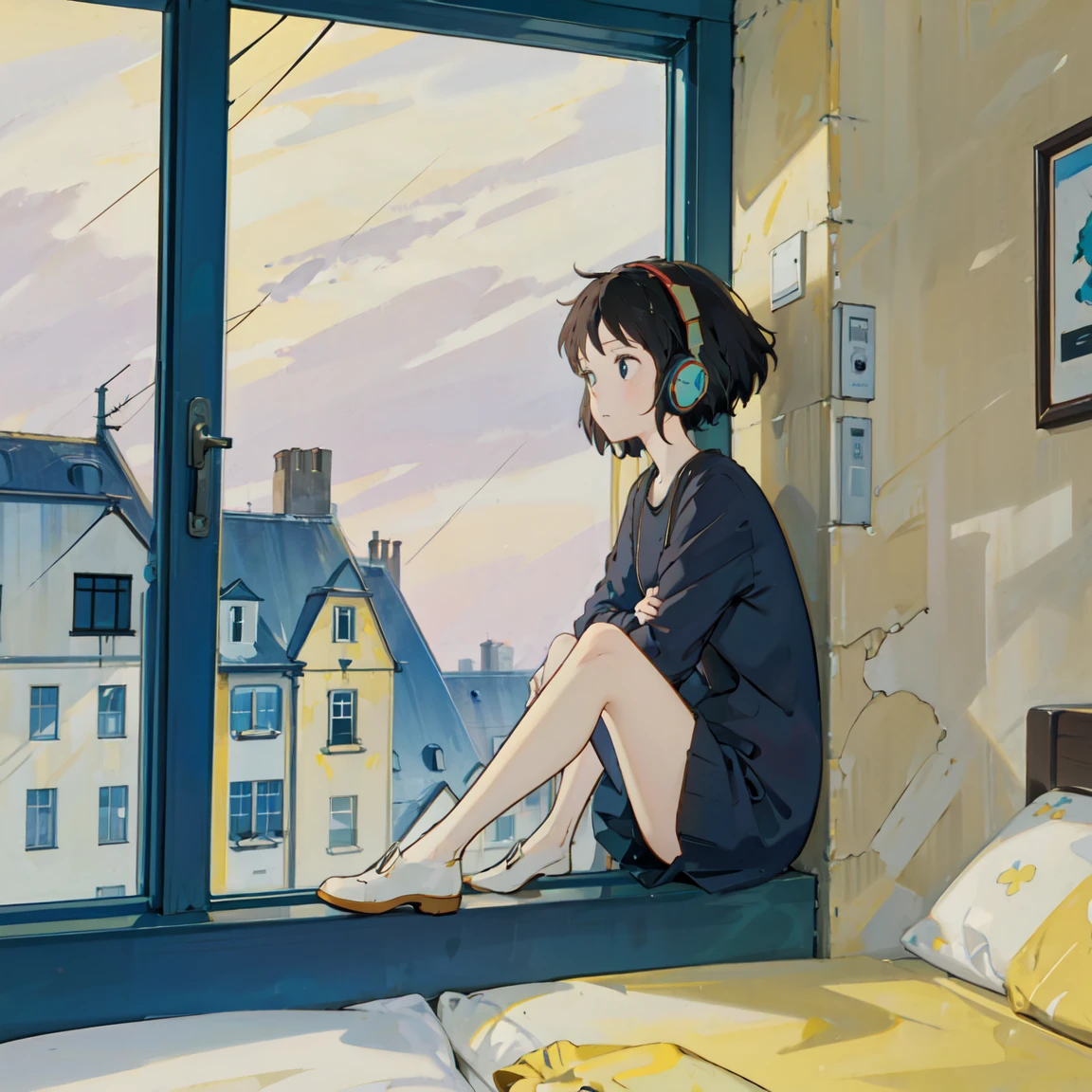 Lofi Song, Sit on the bed. Looking out the window, Drink coffee. Listening to music through headphones, Looking out the window and seeing the rain falling
