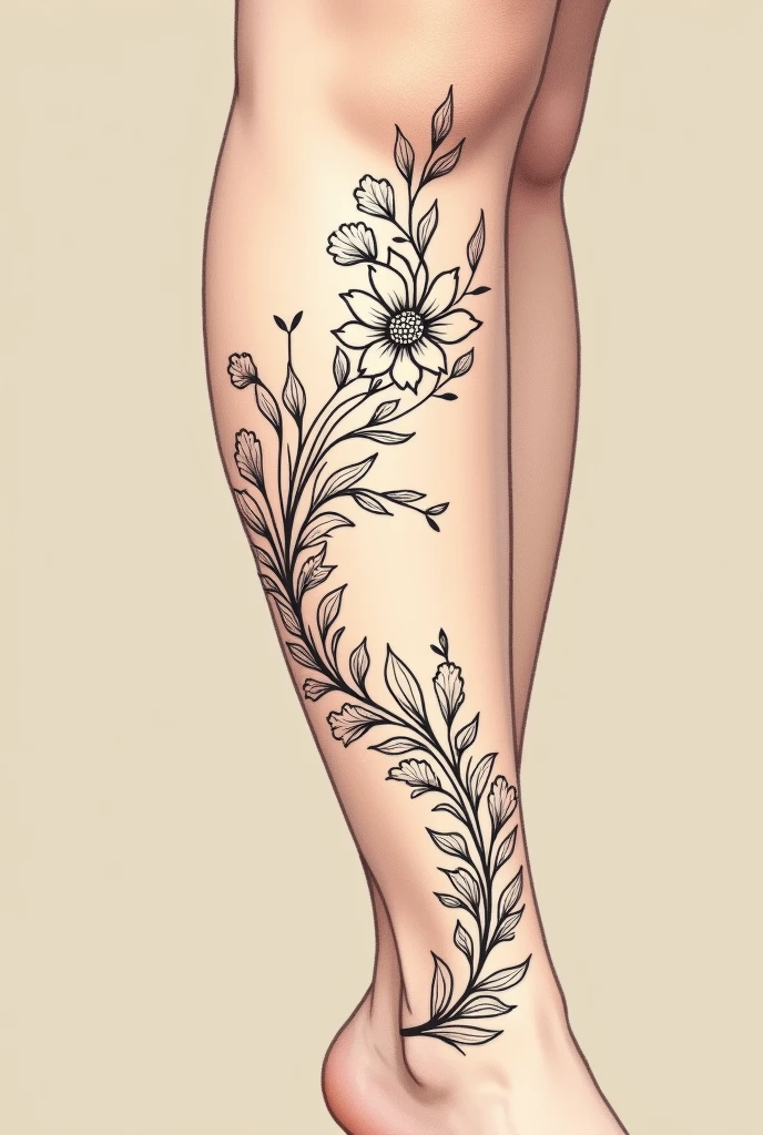 a tattoo of flowers spiraling around the leg, small flowers