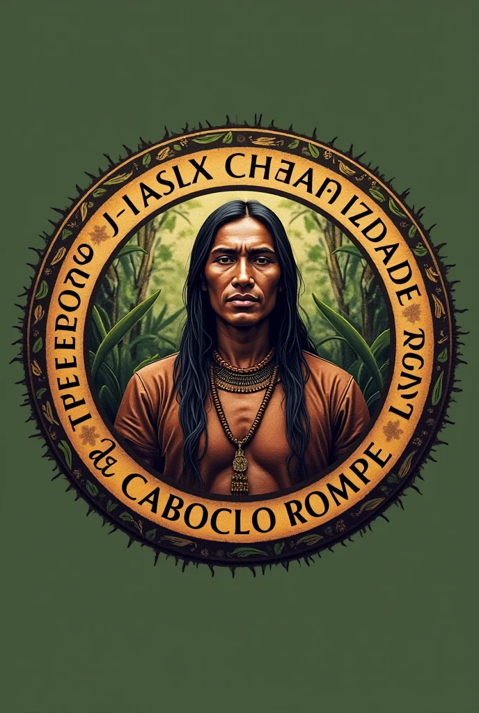Create a round logo with the theme Terreiro Casa Charidade do Caboclo Rompe Mato That has the photo of a Tupi Guarani Indian and that has the name Terreiro Casa Charidade do Caboclo Rompe Mato
