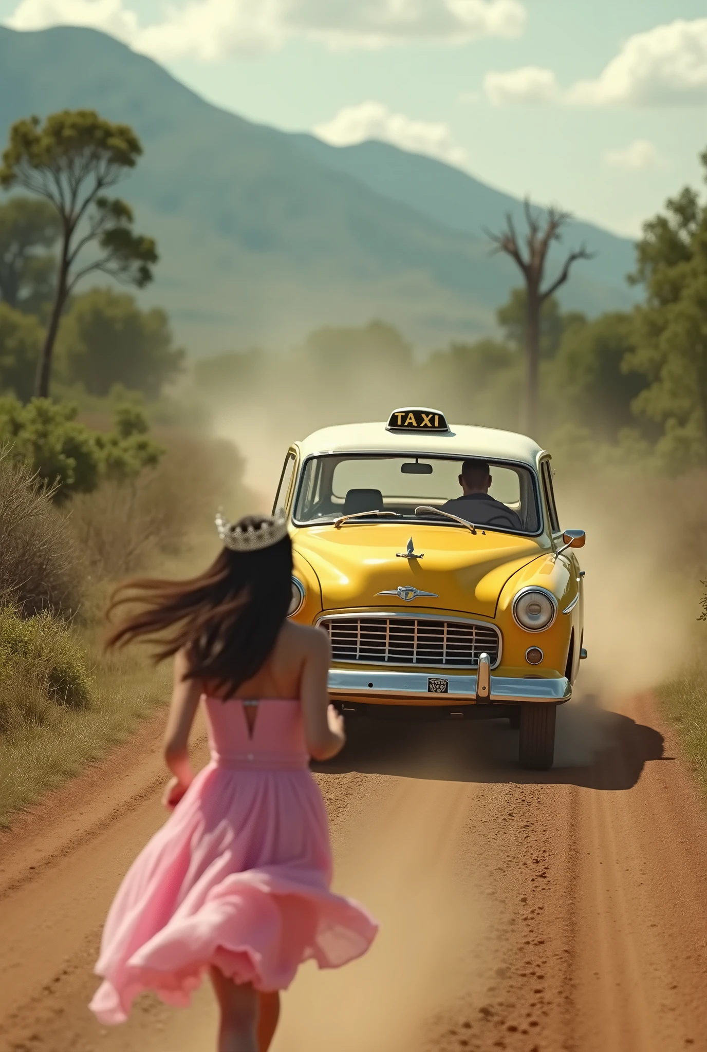 supper: one , wearing a tiara and a pink dress, is running towards a modern popular model taxi, that is on the dirt road in front of you, also following the same path. Both are being seen from behind. The taxi is ahead, kicking up dust as it moves away from . The road is dirt and there are some scattered araucaria trees on the sides., setting the scene in the Serra Gaúcha