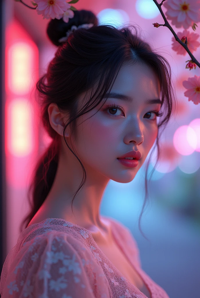 8k Beautiful Asian Woman, on the Sakura Garden with a Neon Colors behind