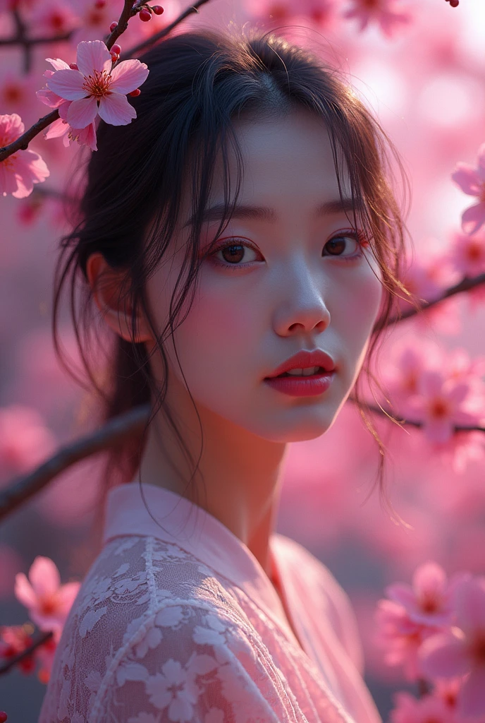 8k Beautiful Asian Woman, on the Sakura Garden with a Neon Colors behind  