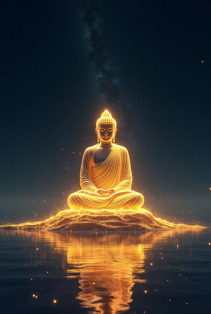 ( perfect anatomy ) light painting(Use only golden light lines to draw Buddha statues) The Buddha statue painted with golden light is in the dark starry sky. Kindness and compassion are sitting in a meditation seat in the sky. Wide-angle lens shot from bottom to top. Serenity and simple aesthetics. Masterpiece of art. Masterpiece. Movie scene. Very detailed masterpiece., fair. Realistic, fresh and elegant aesthetic style airbrush digital oil painting is very beautiful, Perfectly composed and exquisitely crafted, high-quality work by a master artist