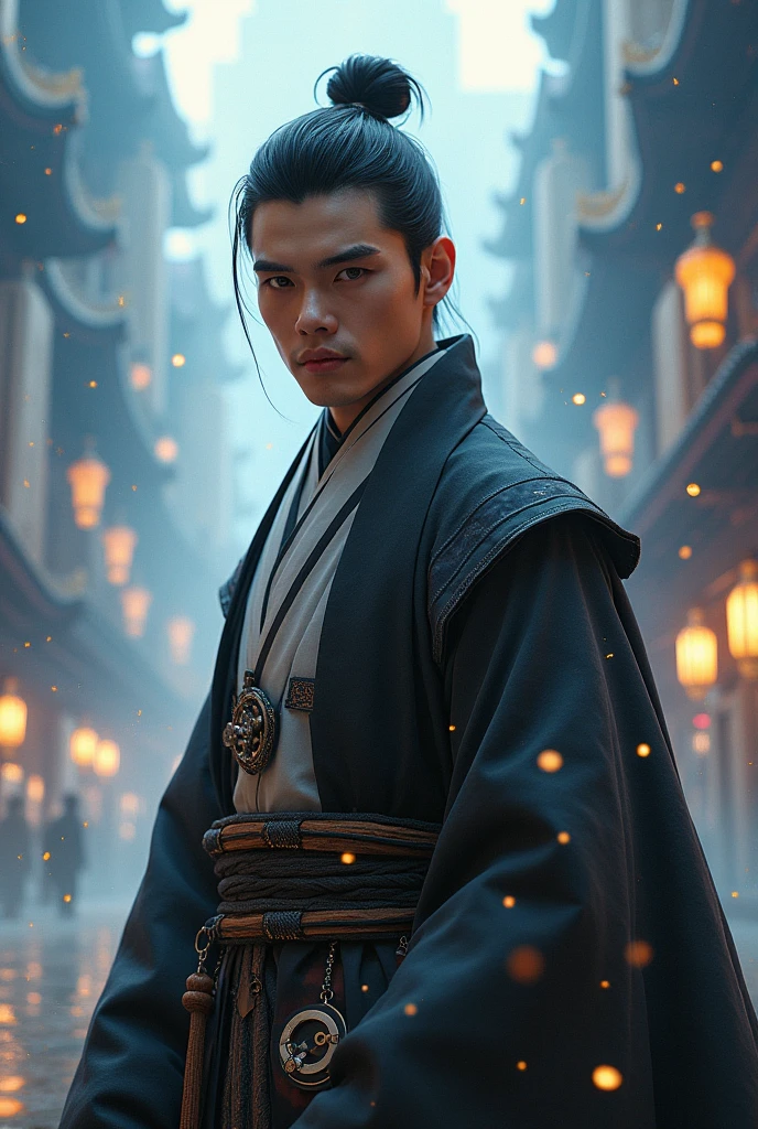 This depicts a cyberpunk background with a young handsome man dressed in Hanfu, his hair styled in a topknot with whiskers, standing within the setting with a grand and sophisticated ambiance.