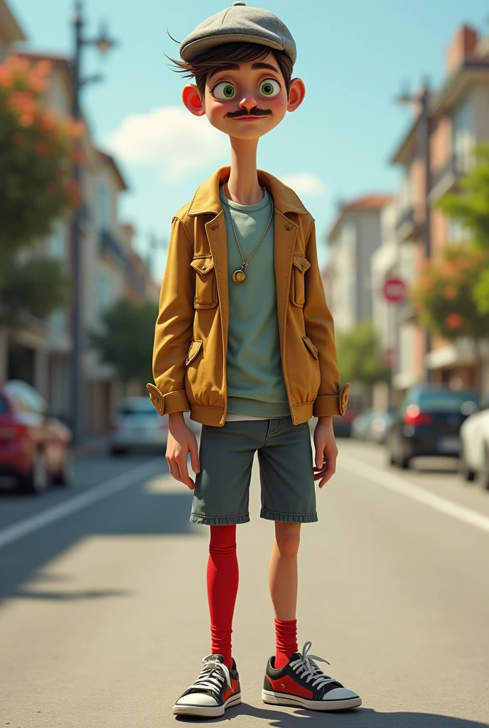 a guy of at least 3 with brown hair, large eyes, a small mustache. He is dressed in a red leg warmer, a grey cap and some sports shoes , He is tall and thin