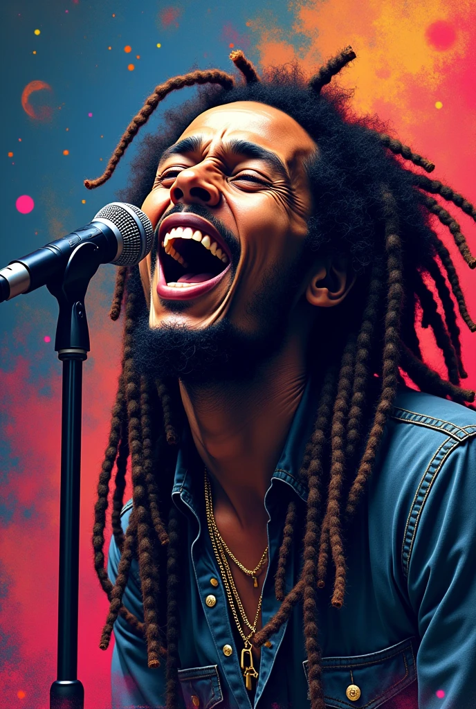a man with dreadlocks singing into a microphone, 2D vector art, colorful psychedelic background, detailed facial features, dynamic pose, vibrant colors, Bob Marley, high quality,8k,photorealistic,surreal,pop art,digital painting