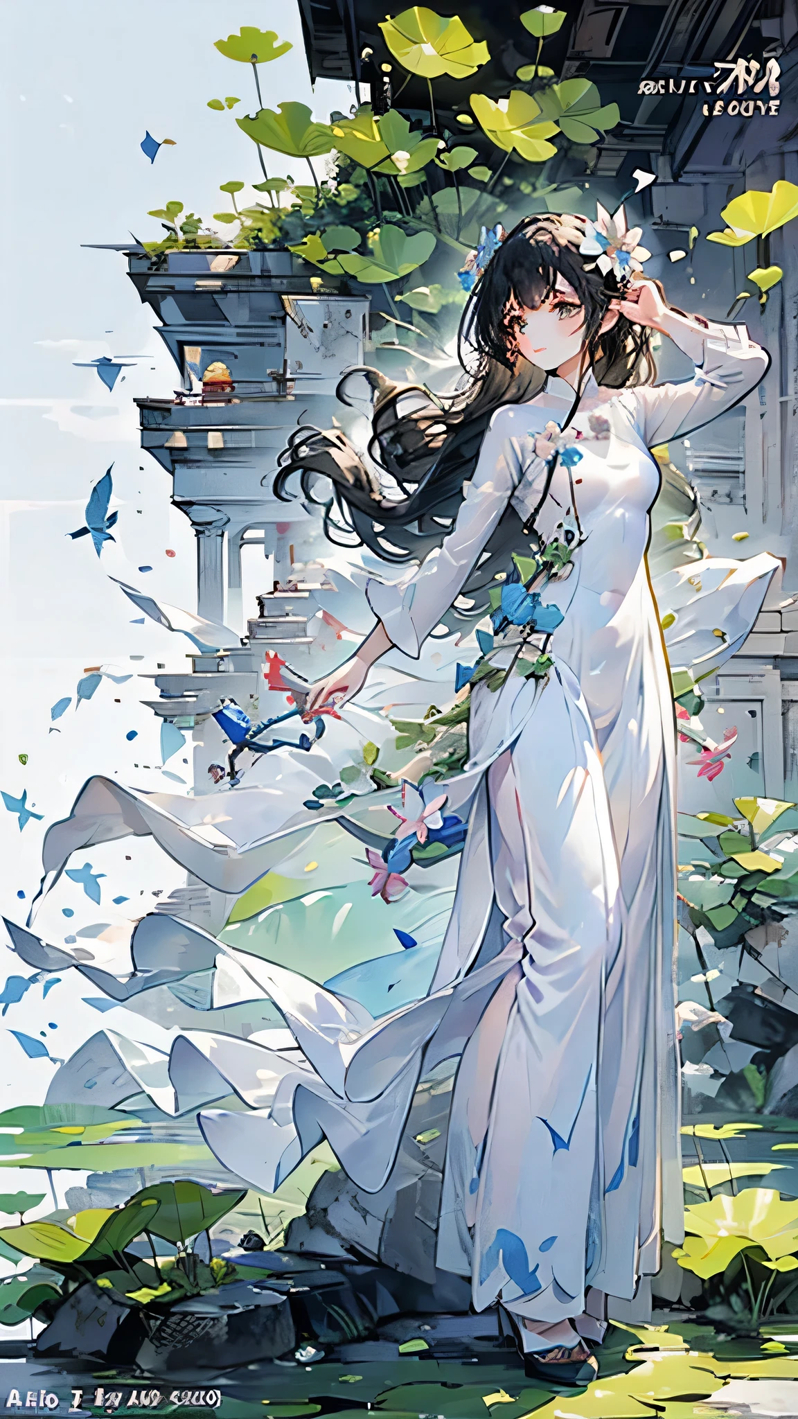 Full body illustration, white Ao dai (Vietnam long dress), lotus flowers, Village, Black hair, hair flying in wind, warm tone, brown eyes, winner pixiv contest, 