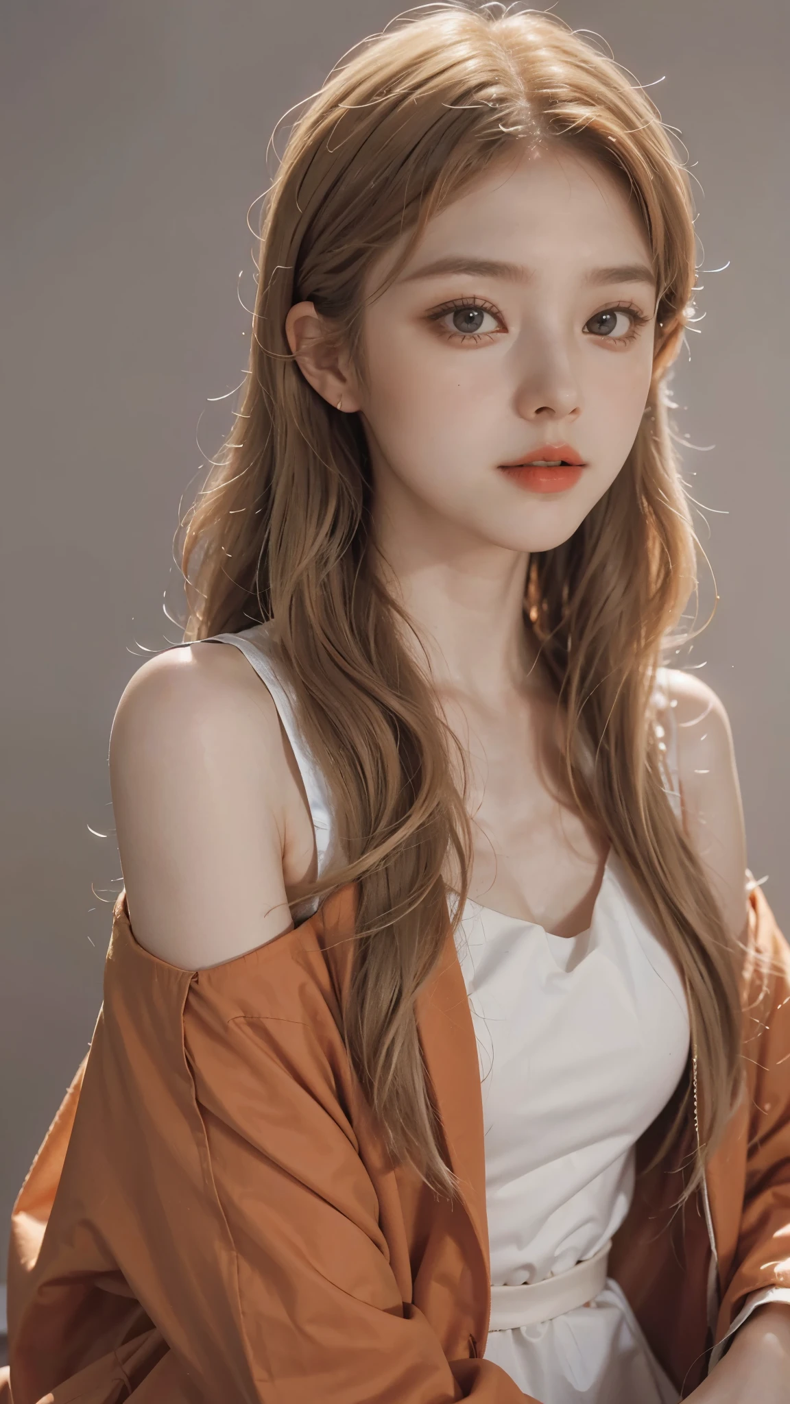 Girl wearing, luxury orange coat, shoulder length hair, wavy hair, glowing skin, star in eye, red lips, grey background, cute poses , upper body, light blonde hair.
