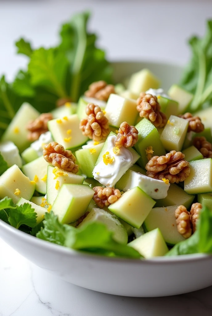 Create an image of this recipe: Apple and Celery Salad Ingredients:

- Green apple: 1 unit (ca.. 150 g)
- Celery: 100 g - Walnuts: 30 g - Greek yogurt: 50 g - Lemon: 1 unit
- Sal: 3 g Preparation:

1. Wash and cut the apple into cubes and the celery into thin slices..

2. In a large bowl, mix the apple, celery and chopped walnuts.

3. In a small bowl, Combine the Greek yogurt with the lemon juice and a pinch of salt.

4. Pour the dressing over the salad and mix well..

5. Serve immediately to maintain freshness..

