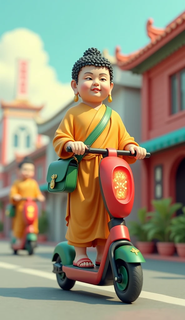 Surrealism. Buddha statue riding an electric kick scooter. He is wearing a red cross armband and a green cross shoulder bag hanging from his shoulder. The electric scooter has a red Rotary Beacon Light In a prominent place. Cute cartoon. 3D rendering