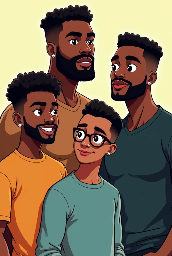 Je veux une photo de quatre garçons jeunes adultes blacks très beaux avec des visages matures et  sans boucle d'oreille 
L'un grand de taille
Un autre plus costaud que lui et légèrement plus court que lui, le teint plus foncé avec de la barbe et moustache plus que les autres parce que les autres n'en ont pas du tout 
Un autre qui porte des lunettes et plus court que les deux autres
Et le dernier qui est plus court que tt le monde et plus costaud que tt le monde 
Et que les tailles soient bien visibles 
Et je veux ça sous forme de dessin animé 
