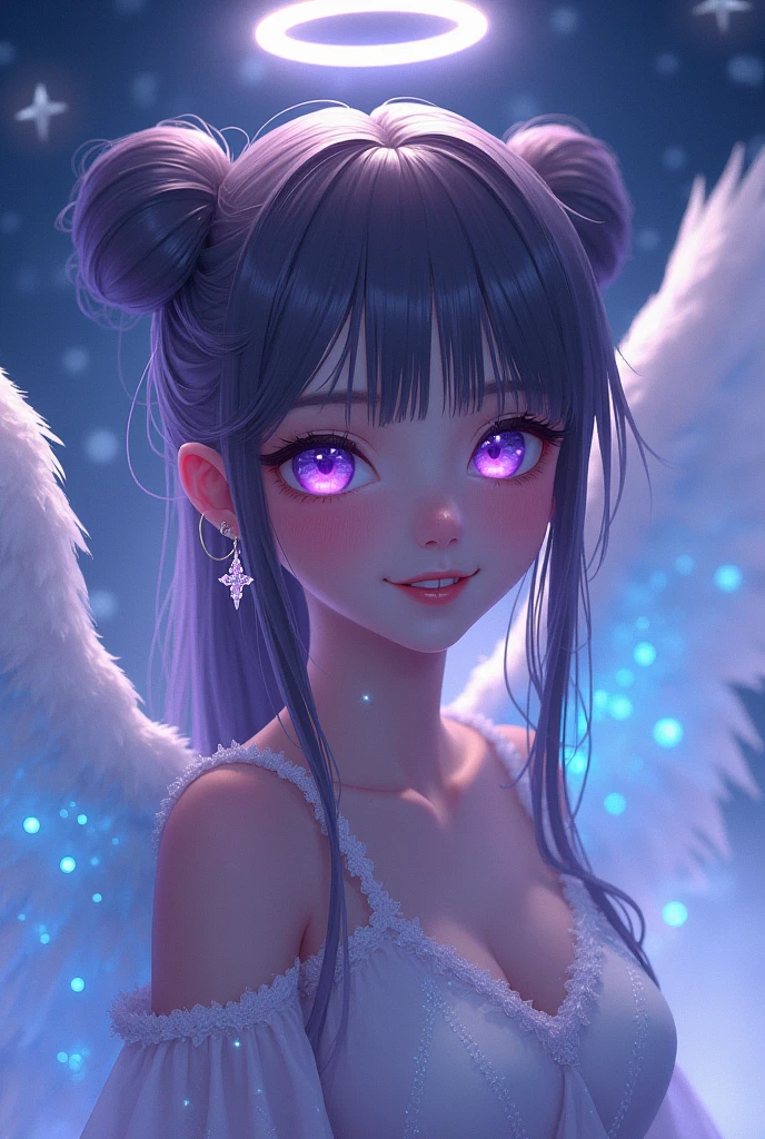 One person, smile, Purple eyes, Earrings, Angel Halo, chest, masterpiece, Textured skin, Sparkle Effect, Futuristic, Twin tails, star,heart、