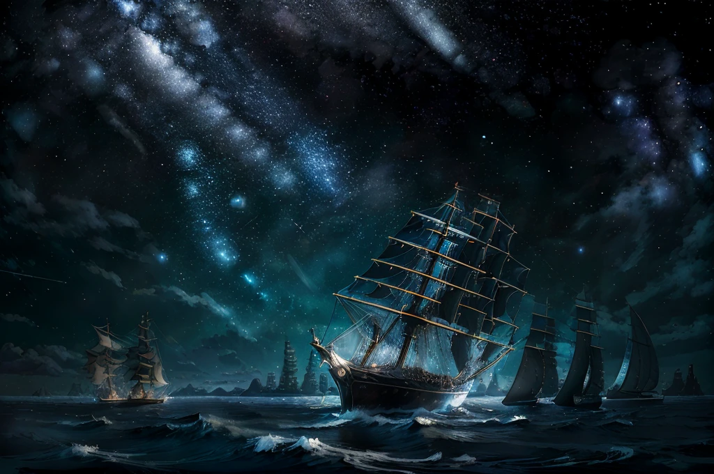 1080P,{{{{Highest quality}}}},{{{masterpiece}}},{{{best quality}}},{{ultra-detailed}},{illustration},{{an extremely delicate and beautiful}},high quality,hyper quality,very_high_resolution,large_filesize,full color,ultra-detailed,disheveled hair,8k,bestquality,{{starry sky}},{night},sea of clouds,sailing ship,
