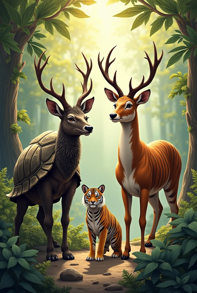 Cards with the characteristics of wild animals, Tortoise. day. deer. tigre
