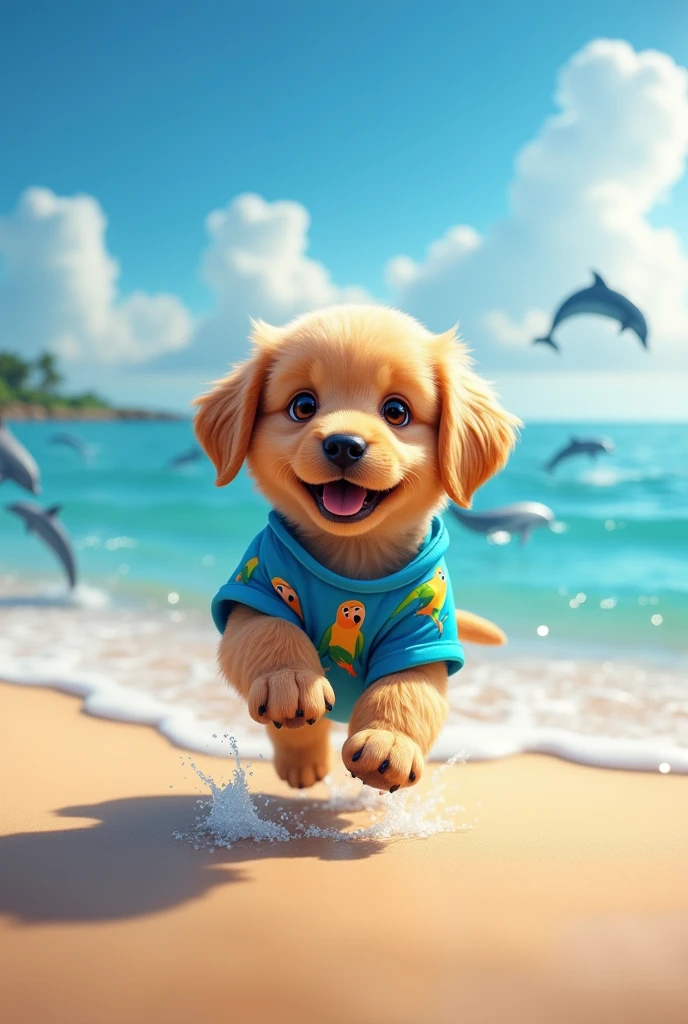 Create an image of a realistic puppy on the beach with a blue parrot shirt and the sea in the background with jumping dolphins