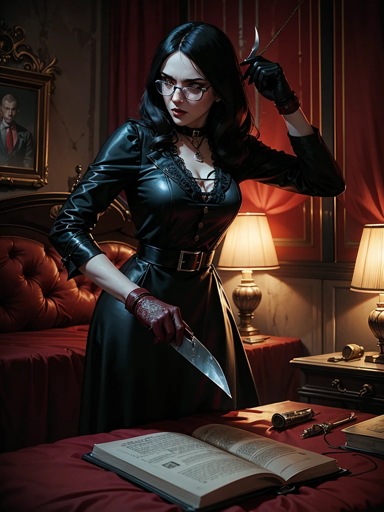 Sicilian woman, mysterious giallo slasher, black gloves, knife, glasses, cheap hotel room, plaster peeling, whiskey, girlie books on bed, blood spatter, blood drops, ropes, tape, murder, wavy black Roma hair, candles, tinctures, herbs, charms, talismans, style of Euro Fumetti comic books, Dario Argento, Mario Bava, erotic illustration art style, Lomo effect, satanic, creepy, strange, bizarre, retro, subdued diffused red and green back lighting, Cinematic Volumetric Lighting, HD, 8x, intricate, retro, old times, 1940s, 1950s, salami sandwich and red wine