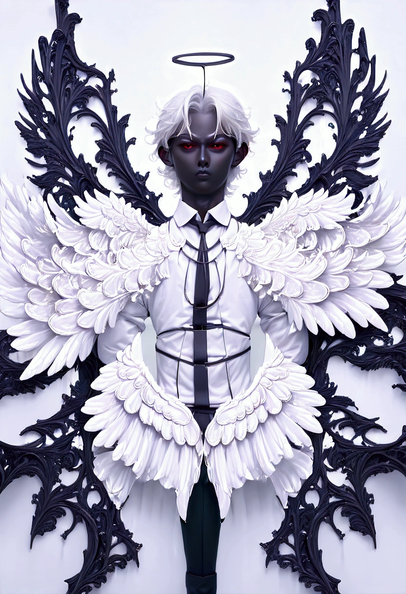 8k, Highest quality, Manga style, View your viewers, Intricate details,One person, Nakiri Ayame, (Six alternating white angel wings and black devil wings:2), ２Demon horns in the book, Multicolored Hair, Long Hair, Red eyes, Gray Hair, Tennis Wear, tennis racket, The moment the tennis ball is hit back, Sweating, Full body portrait, Being hit by rain, Soaking wet
