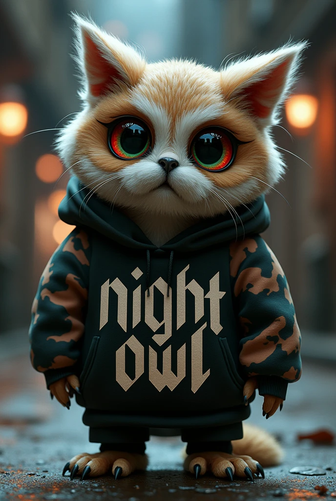 An owl cat with dark circles, red and green eyes, hip hop clothing that says night owl