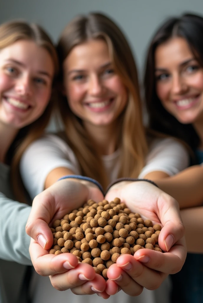 brown cylinder shaped pellets, and that people are holding it smiling as if showing the product in the form of a cylinder, not a circle, but small and many