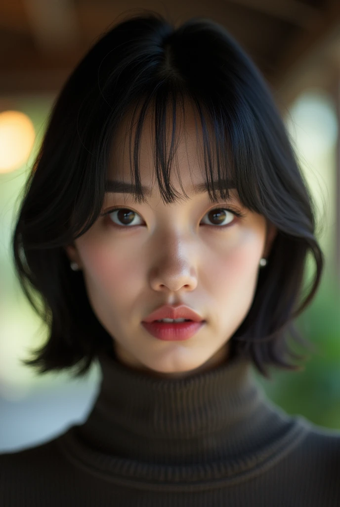 RAW photo in sequence, Photo of a 1, asian women, turtle neck shirt, short stright hair (Upper body selfie,)), detailed face, Slightly blurred, Detailed backgrounds, natural lightting, HDR, foto realista, professional photo, Flirting with the viewer, Visual sexy, photorealestic, natural skin, 8K UHD, high quality, filmic grain, Fujifilm XT3