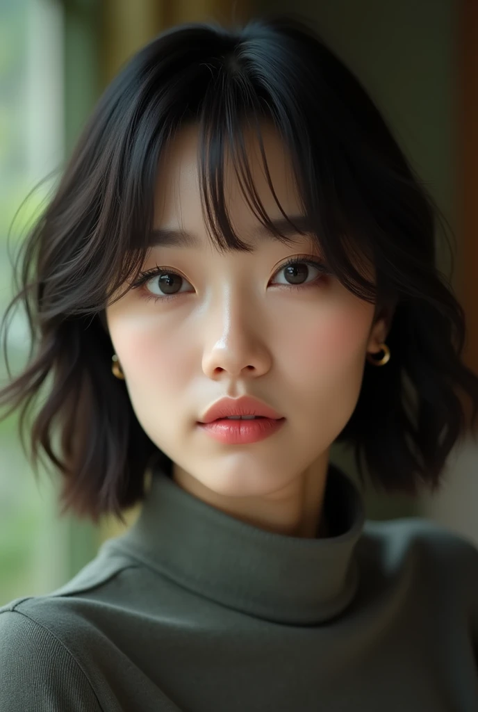RAW photo in sequence, Photo of a 1, asian women, turtle neck shirt, short stright hair (Upper body selfie,)), detailed face, Slightly blurred, Detailed backgrounds, natural lightting, HDR, foto realista, professional photo, Flirting with the viewer, Visual sexy, photorealestic, natural skin, 8K UHD, high quality, filmic grain, Fujifilm XT3