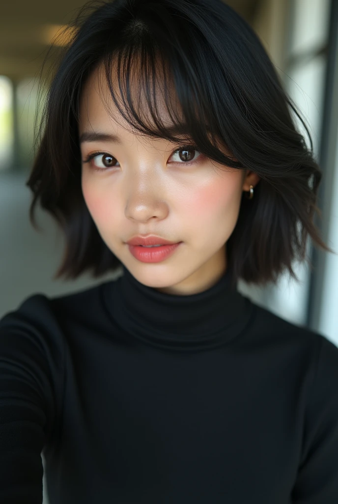 RAW photo in sequence, Photo of a 1, asian women, turtle neck shirt, short stright hair (Upper body selfie,)), detailed face, Slightly blurred, Detailed backgrounds, natural lightting, HDR, foto realista, professional photo, Flirting with the viewer, Visual sexy, photorealestic, natural skin, 8K UHD, high quality, filmic grain, Fujifilm XT3