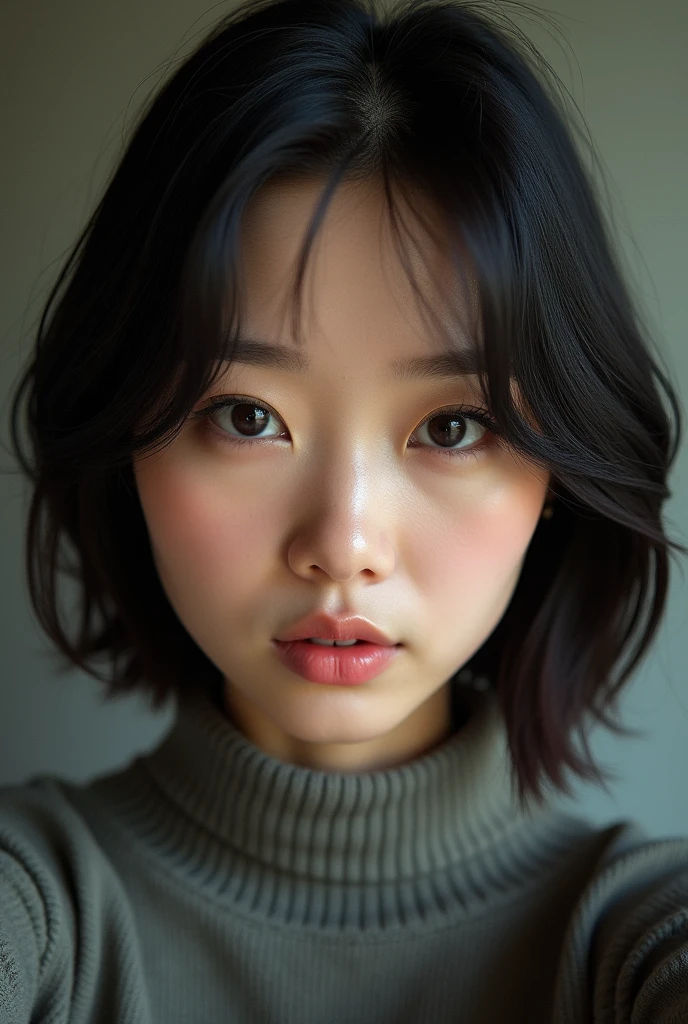 RAW photo in sequence, Photo of a 1, asian women, turtle neck shirt, short stright hair (Upper body selfie,)), detailed face, Slightly blurred, Detailed backgrounds, natural lightting, HDR, foto realista, professional photo, Flirting with the viewer, Visual sexy, photorealestic, natural skin, 8K UHD, high quality, filmic grain, Fujifilm XT3