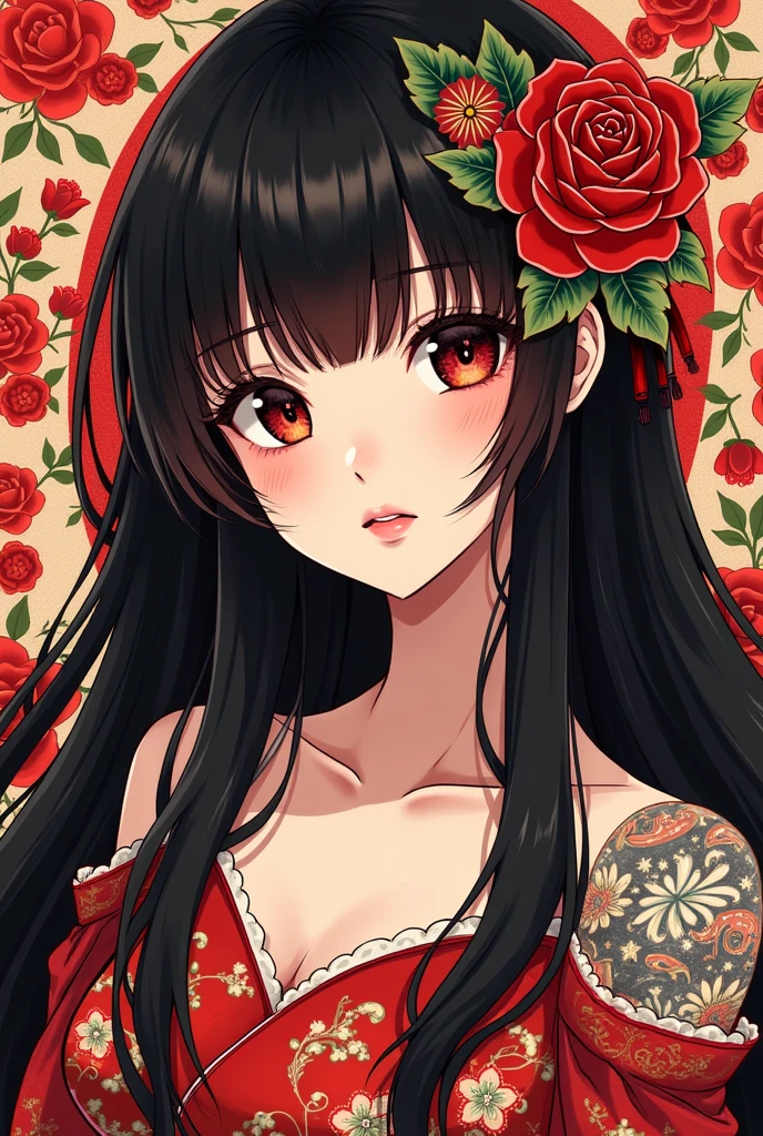 Japanese girl with more or less long black hair with bangs and red highlights, e sexy, Lady,Red hair,dress,beautiful,anime,tattoo, face portrait, close up, big beautiful detailed eyes, ulzzang, art nouveau, candy, sweets, tattoo background pattern, tapestry,