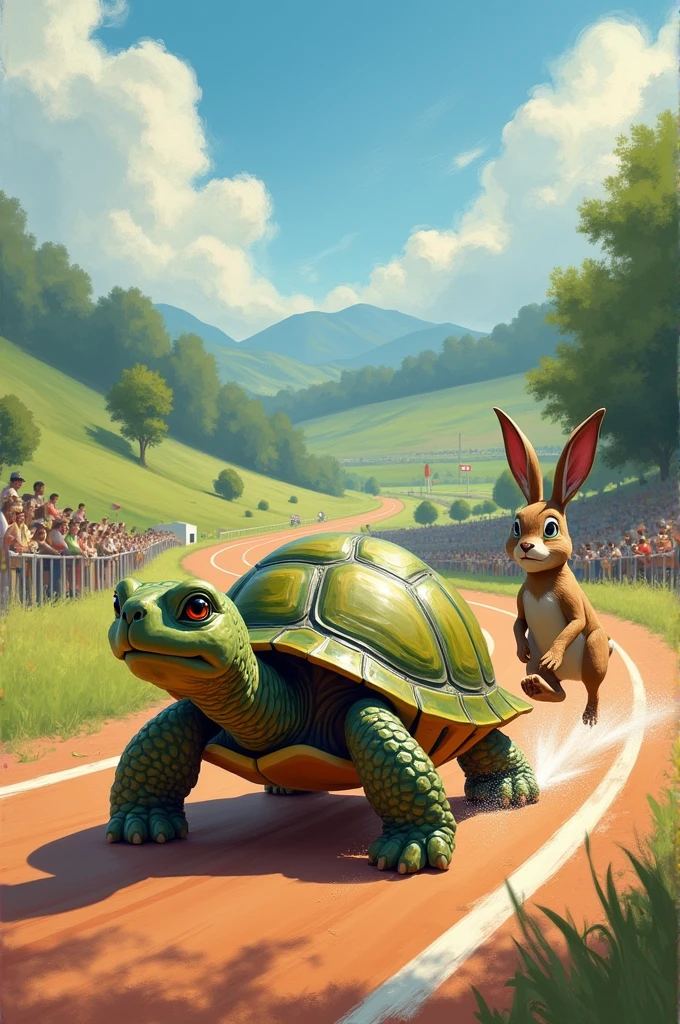 Image depicting the turtle looking determinedly towards the finish line, with the hare mocking at his side.