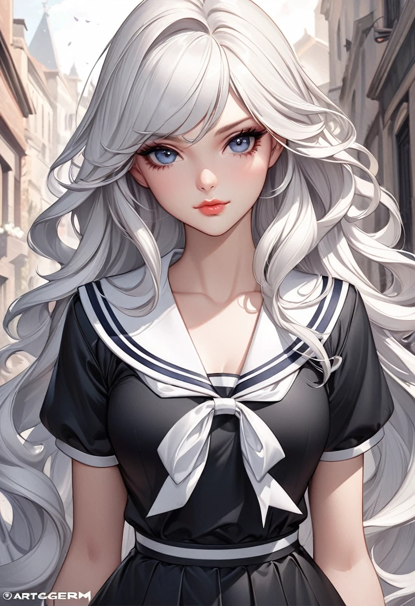 a digital painting of a woman in a sailor's outfit, digital art, by Artgerm, tumblr, digital art, anime barbie in white, detailed dress and face, wavy white long hair, anime girl wearing a black dress