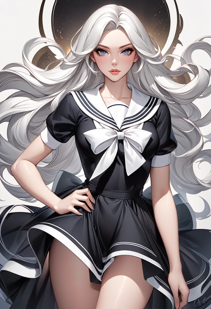 a digital painting of a woman in a sailor's outfit, digital art, by Artgerm, tumblr, digital art, anime barbie in white, detailed dress and face, wavy white long hair, anime girl wearing a black dress