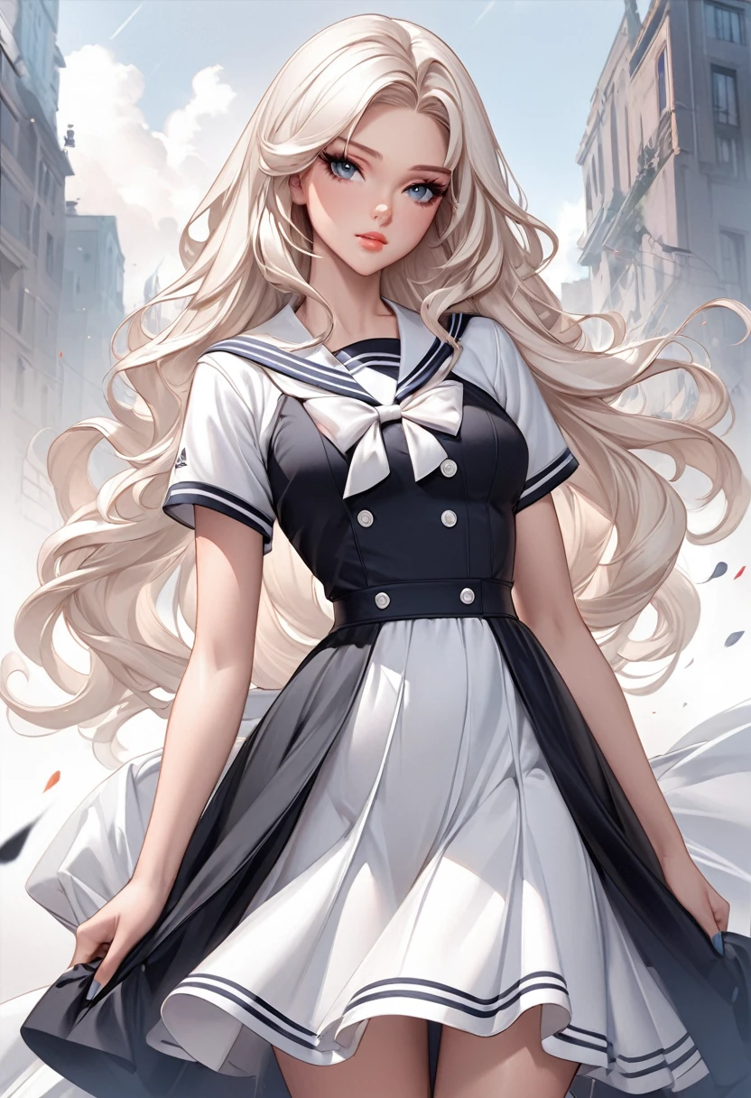 a digital painting of a woman in a sailor's outfit, digital art, by Artgerm, tumblr, digital art, anime barbie in white, detailed dress and face, wavy white long hair, anime girl wearing a black dress