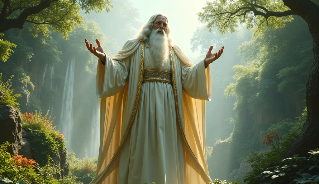 hyperrealistic, 16k, 32k, UHD, masterpiece, best quality, upper body, God, who is super vast and gigantic, wearing white and shimmery gold robe, long white hair, white beard. God is super Gigantic God looking downward, beautiful enchanting garden of Eden, God is super vast and gigantic, a super massively gigantic God, looking in down. cinematic, God is massively gigantic
