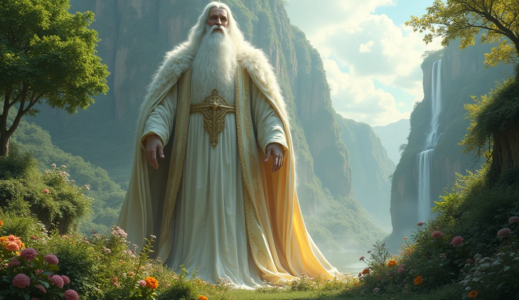 hyperrealistic, 16k, 32k, UHD, masterpiece, best quality, upper body, God, who is super vast and gigantic, wearing white and shimmery gold robe, long white hair, white beard. God is super Gigantic God looking downward, beautiful enchanting garden of Eden, God is super vast and gigantic, a super massively gigantic God, looking in down. cinematic, God is massively gigantic