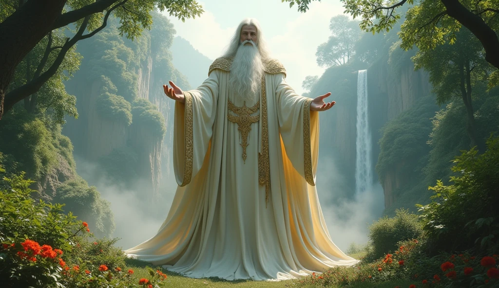 hyperrealistic, 16k, 32k, UHD, masterpiece, best quality, upper body, God, who is super vast and gigantic, wearing white and shimmery gold robe, long white hair, white beard. God is super Gigantic God looking downward, beautiful enchanting garden of Eden, God is super vast and gigantic, a super massively gigantic God, looking in down. cinematic, God is massively gigantic