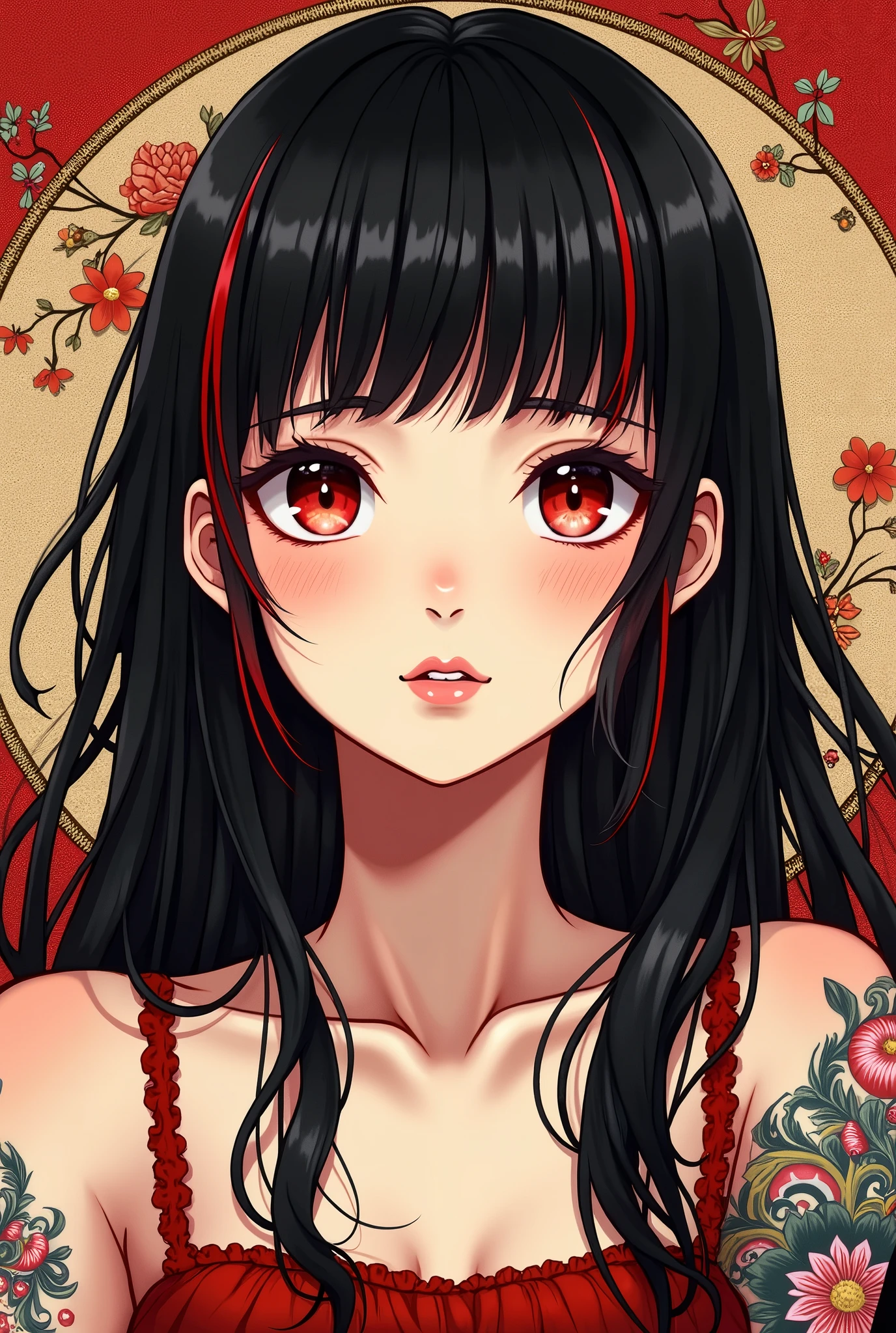  Japanese girl with more or less long black hair with bangs and red highlights, e sexy, Lady,Red hair,dress,beautiful,anime,tattoo, face portrait, close up, big beautiful detailed eyes, ulzzang, art nouveau, candy, sweets, tattoo background pattern, tapestry, 
