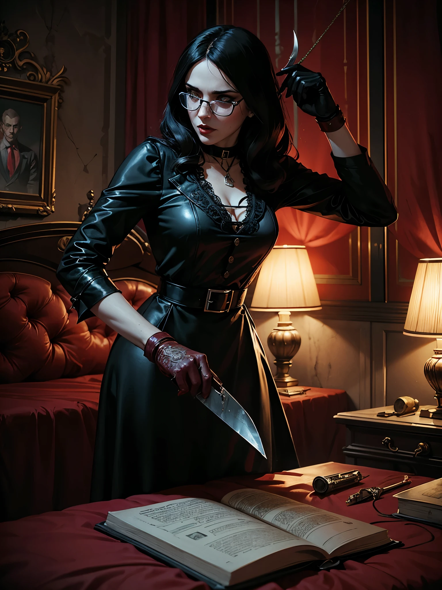 Sicilian woman, mysterious giallo slasher, black gloves, knife, glasses, cheap hotel room, plaster peeling, whiskey, girlie books on bed, blood spatter, blood drops, man tied up, ropes, tape, murder, wavy black Roma hair, candles, tinctures, herbs, charms, talismans, style of Euro Fumetti comic books, Dario Argento, Mario Bava, erotic illustration art style, Lomo effect, satanic, creepy, strange, bizarre, retro, subdued diffused red and green back lighting, Cinematic Volumetric Lighting, HD, 8x, intricate, retro, old times, 1940s, 1950s