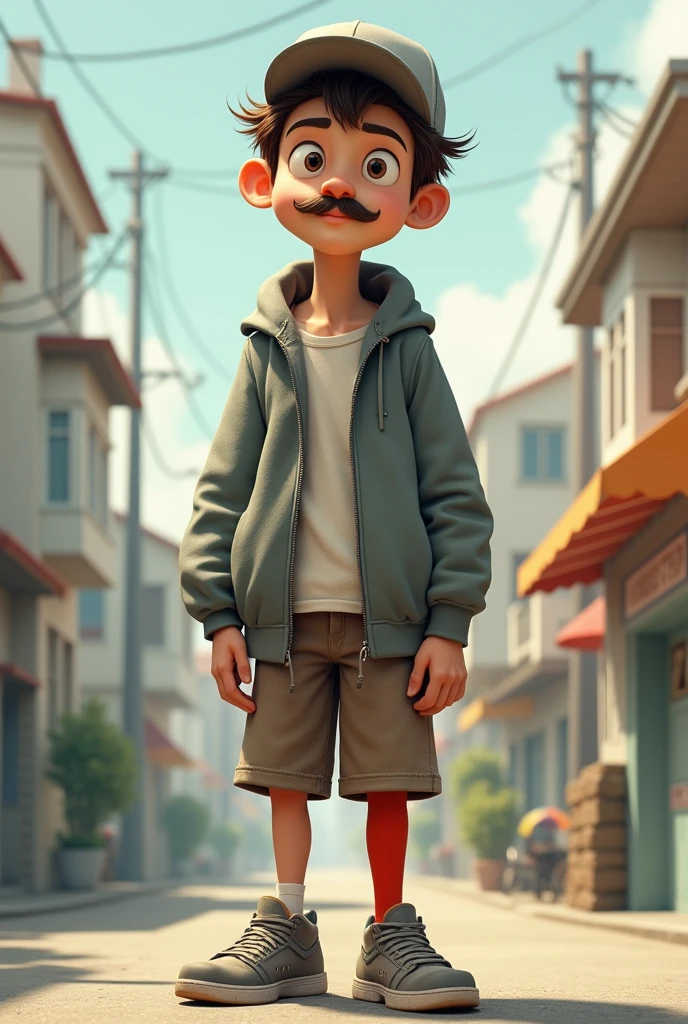 a guy of at least 3 with brown hair, large eyes, a small mustache. He is dressed in a red leg warmer, a grey cap and some sports shoes , He is tall and thin