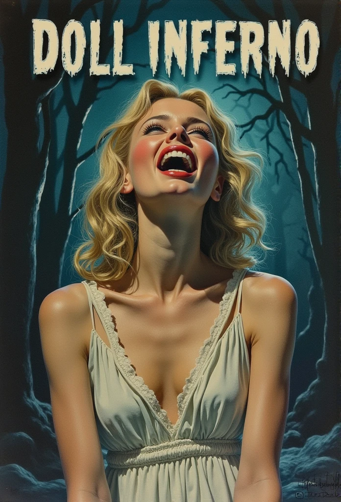 1930s, fullnude Blonde American Woman、Run away, Screaming in surprise and horror、Hyper-realistic、Detailed face and skin、Horror movie poster style,、The Coast of the Spooky Night、Super Real、​master piece