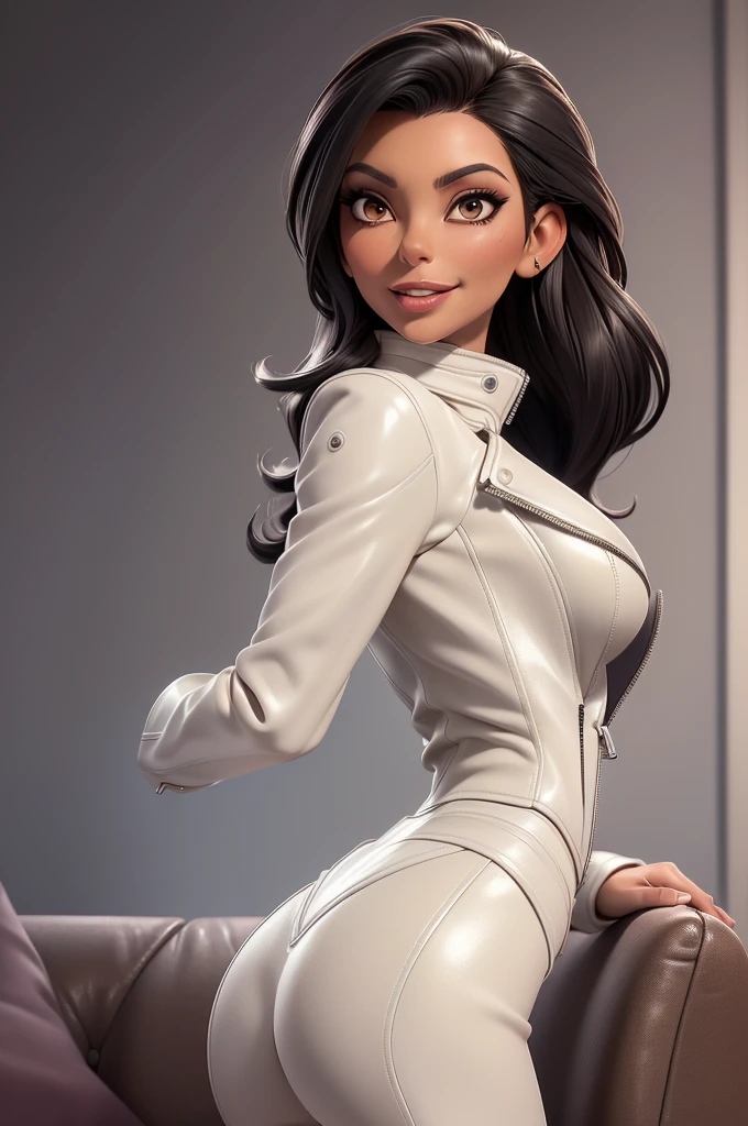 one female, staight black hair, green eyes, black eye liner, red lips, nose piercing, nose ring, medium breasts, White latex, White latex body leg harness, white choker, naughty face, first-person view, Hasselblad