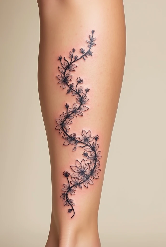 a tattoo of flowers spiraling around the leg, small flowers