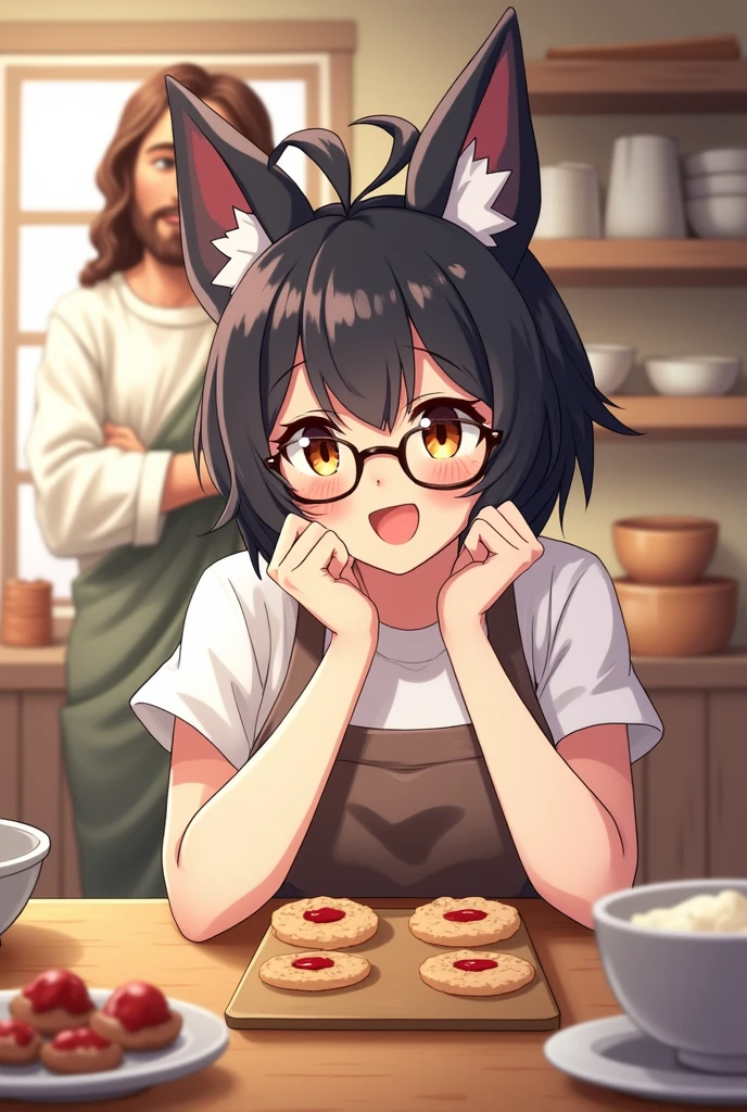 Create a lady with short hair, black fur, Brown eyes, with glasses that makes pastries and that Jesus is with him and that he is happy