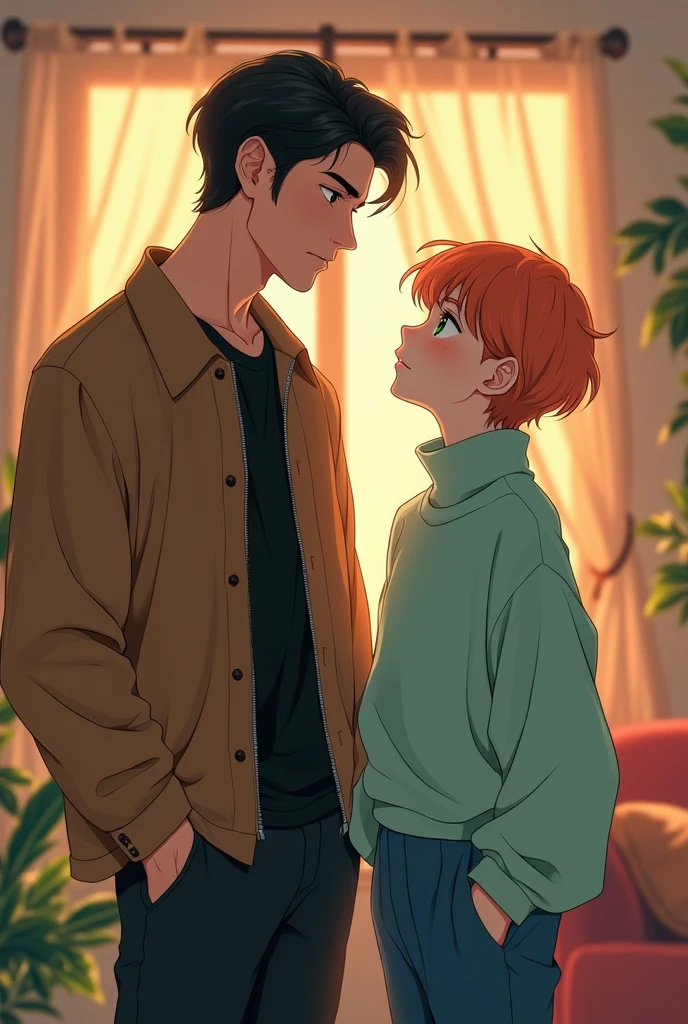 style: manhwa genres: boy'slove  
1º chico: a good looking 30 year old man with no beard or moustache, scar on left cheek, Serious charcoal eyes, Dark brown hair to one side and a little long to the nape of the neck, light colored skin, outfit, a black shirt and a brown jacket with black dress pants.

2nd boy: a very young looking 20 year old, no beard or mustache, light green female eyes, Orange hair with two strands in the center and a short, unshaven head, delicate but masculine face, Peach skin color and slightly reddish lips, outfit, a loose-fitting Caffarena with a mint green turtleneck and blue trousers.

Pose del 1º chico y 2nd boy: los dos están de frente pero el 2nd boy mira disimuladamente al 1º chico y el 2nd boy está ruborizado, the atmosphere is a homely house.
