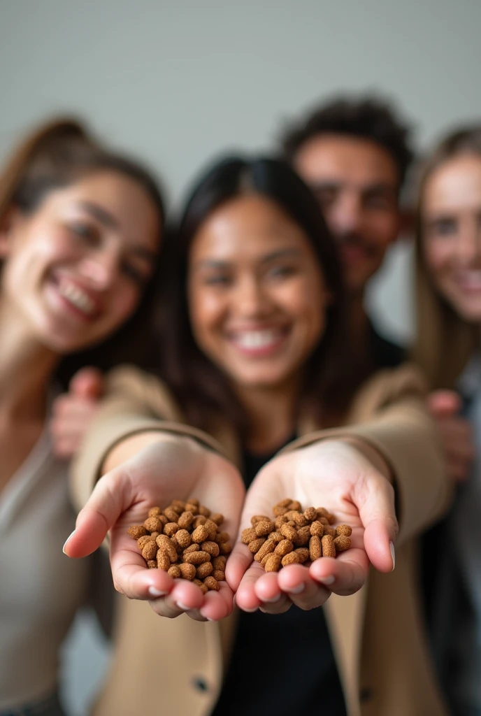 brown cylinder shaped pellets, and people are holding it smiling as if showing the rectangular but small product and many