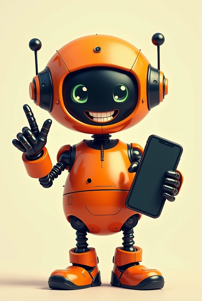 A smiling retro robot in orange and black colors holding a modern cell phone.