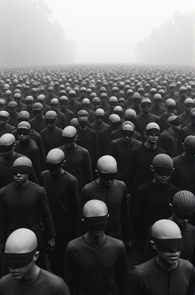 A black and white image of a blindfolded crowd, walking in different directions, The image could show some people colliding